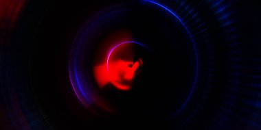 Parlayan neon ışıkları. Parlak sunum tasarım şablonu. Fotoğraf makinesi konsepti. Soyut arkaplan. Dönen ışık ışınları. Hareketli kavramsal duvar kağıdı. Grafik dijital illüstrasyon. 