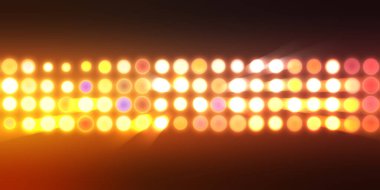 Parlak desenli duvar kağıdı. Sahne ışıkları olan renkli ışıkların ihtişamlı arkaplanı. Parlayan ışıklar siyah arka planda parti izleri. Sahne veya stadyum ışıklarının dijital illüstrasyonu. 