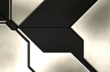 Üç boyutlu metalik doku. Uzay gemisi desenli yüzey. Aydınlık ve karanlık paneller. Fütürist soyut duvar kağıdı. Geometrik teknolojik yansıtıcı arkaplan.