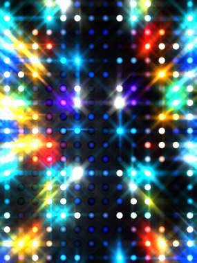 Parlayan ışıklar siyah arka planda parti izleri. Sahne veya stadyum ışıklarının dijital illüstrasyonu. Parlak desenli duvar kağıdı. Sahne ışıkları ile renkli ışıkların ihtişamlı arkaplanı.