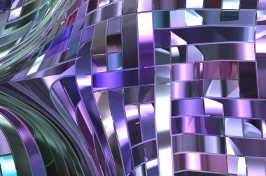 Metalik panel dokusunun 3 boyutlu çizimi. Renkli, parlak, soyut duvar kağıdı. Geometrik teknolojik parlak yansıtıcı arka plan. Yaratıcı parlak kavramsal arkaplan.