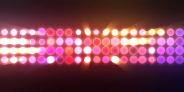 Parlak desenli duvar kağıdı. Sahne ışıkları olan renkli ışıkların ihtişamlı arkaplanı. Parlayan ışıklar siyah arka planda parti izleri. Sahne veya stadyum ışıklarının dijital illüstrasyonu. 