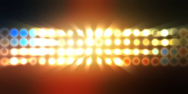 Parlak desenli duvar kağıdı. Sahne ışıkları olan renkli ışıkların ihtişamlı arkaplanı. Parlayan ışıklar siyah arka planda parti izleri. Sahne veya stadyum ışıklarının dijital illüstrasyonu. 