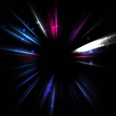 Işık huzmeleri ve parlayan parçacıkların kesiştiği güzel bir zemin. Canlı renkli ışıkların duvar kâğıdı. Parlak ışık görüntüsü.