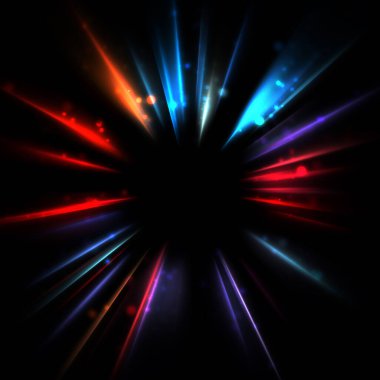 Işık huzmeleri ve parlayan parçacıkların kesiştiği güzel bir zemin. Canlı renkli ışıkların duvar kâğıdı. Parlak ışık görüntüsü.