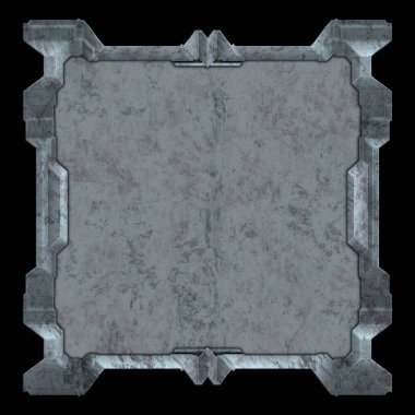 Gelecekçi tasarım şablonu. Metal paslı tabak menüsü. Teknoloji afişi beyaz arkaplanda izole edildi. Bilim kurgu elemanı grafiği. Metalik paslanmış 3 boyutlu illüstrasyon.  