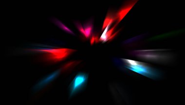 Parlayan ışıkları hareket ettirmenin havalı arka planı. Tasarımınız için canlı renkli bir portal şablonu. Işık ışınları ve hareket halindeki ışıldayan parçacıklar bir solucan deliği şekli oluşturuyor..