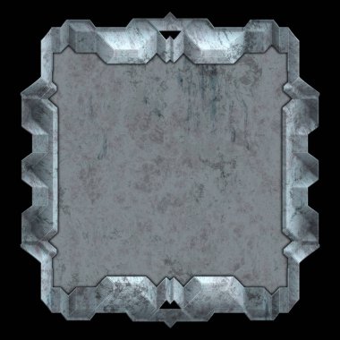 Gelecekçi tasarım şablonu. Metal paslı tabak menüsü. Teknoloji afişi beyaz arkaplanda izole edildi. Bilim kurgu elemanı grafiği. Metalik paslanmış 3 boyutlu illüstrasyon.  