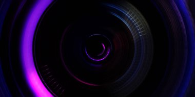 Fotoğraf makinesi konsepti. Soyut arkaplan. Dönen ışık ışınları. Hareketli kavramsal duvar kağıdı. Grafik dijital illüstrasyon. Parlayan neon ışıkları. Parlak sunum tasarım şablonu.