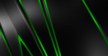 Metin için kopyalama alanı olan soyut siyah paneller. Üç boyutlu illüstrasyon. Renkli ışık özellikli koyu renk tasarım şablonu. Zarif geometrik parlak çizgili arka plan. Minimalist geometrik kapak grafiği.