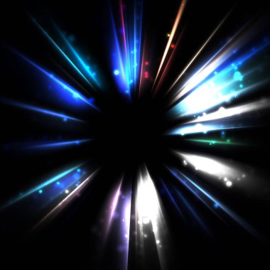 Işık huzmeleri ve parlayan parçacıkların kesiştiği güzel bir zemin. Canlı renkli ışıkların duvar kâğıdı. Parlak ışık görüntüsü.