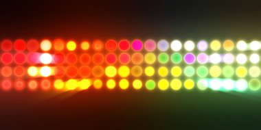 Parlak desenli duvar kağıdı. Sahne ışıkları olan renkli ışıkların ihtişamlı arkaplanı. Parlayan ışıklar siyah arka planda parti izleri. Sahne veya stadyum ışıklarının dijital illüstrasyonu. 