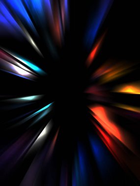 Siyah arkaplanda izole edilmiş dinamik ışık ışınları. Parlayan renkli ışık parçacıklarının grafiksel 2d çizimi.