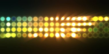 Parlak desenli duvar kağıdı. Sahne ışıkları olan renkli ışıkların ihtişamlı arkaplanı. Parlayan ışıklar siyah arka planda parti izleri. Sahne veya stadyum ışıklarının dijital illüstrasyonu. 