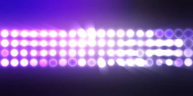 Parlak desenli duvar kağıdı. Sahne ışıkları olan renkli ışıkların ihtişamlı arkaplanı. Parlayan ışıklar siyah arka planda parti izleri. Sahne veya stadyum ışıklarının dijital illüstrasyonu. 