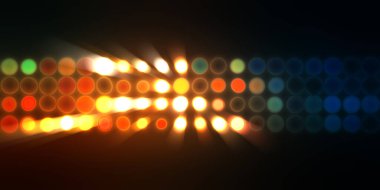 Parlak desenli duvar kağıdı. Sahne ışıkları olan renkli ışıkların ihtişamlı arkaplanı. Parlayan ışıklar siyah arka planda parti izleri. Sahne veya stadyum ışıklarının dijital illüstrasyonu. 