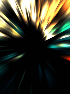 Siyah arkaplanda izole edilmiş dinamik ışık ışınları. Parlayan renkli ışık parçacıklarının grafiksel 2d çizimi.