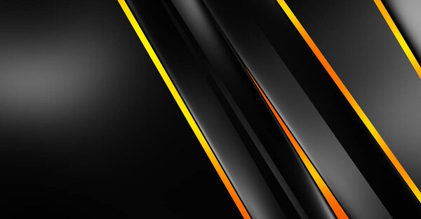 Abstract black panels with copyspace for text. 3D illustration. Dark design template with color lights features. Elegant geometrical glossy stripes backdrop. Minimalist geometric cover graphic.