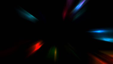 Siyah arkaplanda izole edilmiş dinamik ışık ışınları. Parlayan renkli ışık parçacıklarının grafiksel 2d çizimi.