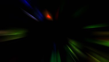 Siyah arkaplanda izole edilmiş dinamik ışık ışınları. Parlayan renkli ışık parçacıklarının grafiksel 2d çizimi.