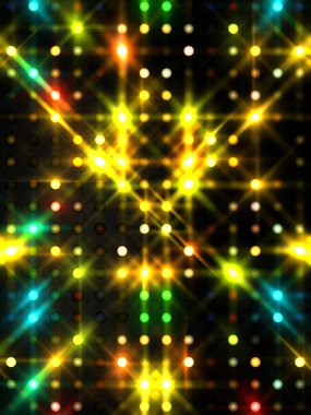 Parlayan ışıklar siyah arka planda parti izleri. Sahne veya stadyum ışıklarının dijital illüstrasyonu. Parlak desenli duvar kağıdı. Sahne ışıkları ile renkli ışıkların ihtişamlı arkaplanı.
