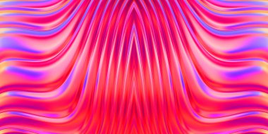 Renkli dalgalı yansıtıcı duvar kağıdının üç boyutlu çizimi. Duvar kağıdı, afiş, arkaplan, kart, kitap kapağı veya web sitesi için grafiksel illüstrasyon. Soyut parlak arkaplan.