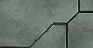 Gelecekçi kavramsal tasarım arka planı. Uzay gemisi desenli duvar kağıdı. Fırçalanmış teknoloji şablonu yüzeyi. Üç boyutlu illüstrasyon. SciFi panelleri duvar.