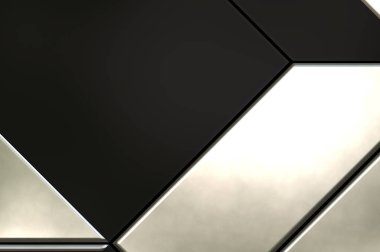 Üç boyutlu metalik doku. Uzay gemisi desenli yüzey. Aydınlık ve karanlık paneller. Fütürist soyut duvar kağıdı. Geometrik teknolojik yansıtıcı arkaplan.