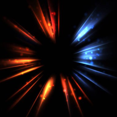 Işık huzmeleri ve parlayan parçacıkların kesiştiği güzel bir zemin. Canlı renkli ışıkların duvar kâğıdı. Parlak ışık görüntüsü.