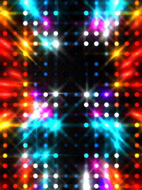 Parlayan ışıklar siyah arka planda parti izleri. Sahne veya stadyum ışıklarının dijital illüstrasyonu. Parlak desenli duvar kağıdı. Sahne ışıkları ile renkli ışıkların ihtişamlı arkaplanı.
