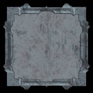 Gelecekçi tasarım şablonu. Metal paslı tabak menüsü. Teknoloji afişi beyaz arkaplanda izole edildi. Bilim kurgu elemanı grafiği. Metalik paslanmış 3 boyutlu illüstrasyon.  