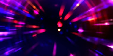 Parlayan ışıkları hareket ettirmenin havalı arka planı. Tasarımınız için canlı renkli bir portal şablonu. Işık ışınları ve hareket halindeki ışıldayan parçacıklar bir solucan deliği şekli oluşturuyor..