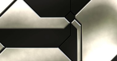 Üç boyutlu metalik doku. Uzay gemisi desenli yüzey. Aydınlık ve karanlık paneller. Fütürist soyut duvar kağıdı. Geometrik teknolojik yansıtıcı arkaplan.