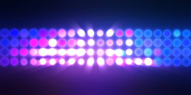 Parlak desenli duvar kağıdı. Sahne ışıkları olan renkli ışıkların ihtişamlı arkaplanı. Parlayan ışıklar siyah arka planda parti izleri. Sahne veya stadyum ışıklarının dijital illüstrasyonu. 