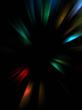 Siyah arkaplanda izole edilmiş dinamik ışık ışınları. Parlayan renkli ışık parçacıklarının grafiksel 2d çizimi.