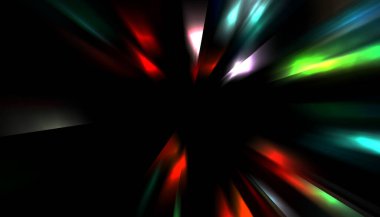 Siyah arkaplanda izole edilmiş dinamik ışık ışınları. Parlayan renkli ışık parçacıklarının grafiksel 2d çizimi.