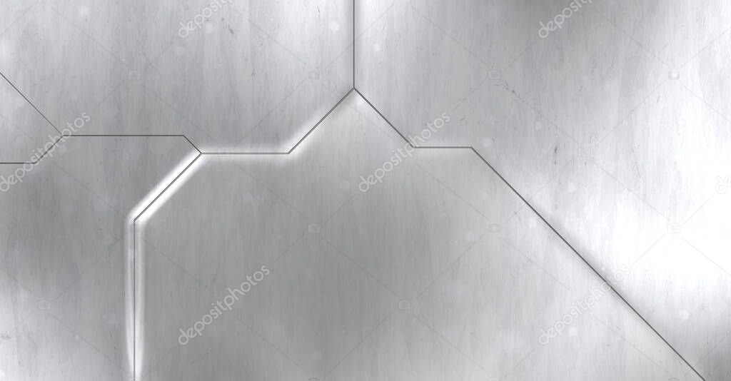 SciFi panels wall. Futuristic conceptual design background. Spaceship texture wallpaper. Brushed technology pattern surface. 3D illustration. Damaged and dented tech.