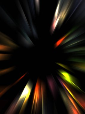 Siyah arkaplanda izole edilmiş dinamik ışık ışınları. Parlayan renkli ışık parçacıklarının grafiksel 2d çizimi.