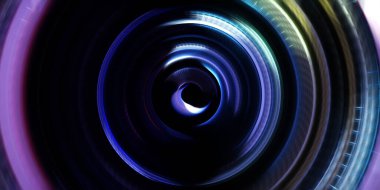 Fotoğraf makinesi konsepti. Soyut arkaplan. Dönen ışık ışınları. Hareketli kavramsal duvar kağıdı. Grafik dijital illüstrasyon. Parlayan neon ışıkları. Parlak sunum tasarım şablonu.