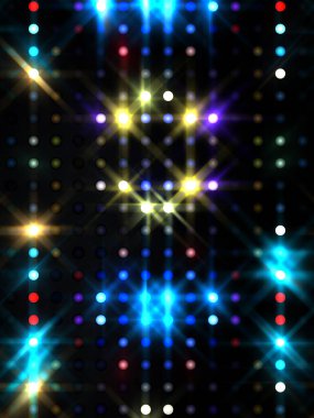 Parlayan ışıklar siyah arka planda parti izleri. Sahne veya stadyum ışıklarının dijital illüstrasyonu. Parlak desenli duvar kağıdı. Sahne ışıkları ile renkli ışıkların ihtişamlı arkaplanı.