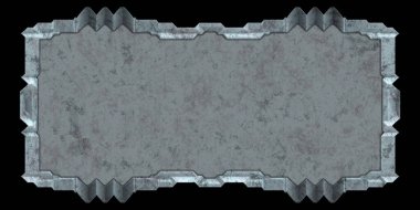 Gelecekçi tasarım şablonu. Metal paslı tabak menüsü. Teknoloji afişi beyaz arkaplanda izole edildi. Bilim kurgu elemanı grafiği. Metalik paslanmış 3 boyutlu illüstrasyon.  