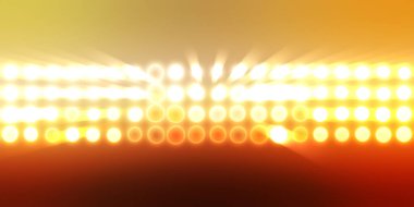 Parlak desenli duvar kağıdı. Sahne ışıkları olan renkli ışıkların ihtişamlı arkaplanı. Parlayan ışıklar siyah arka planda parti izleri. Sahne veya stadyum ışıklarının dijital illüstrasyonu. 