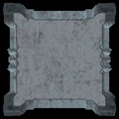 Gelecekçi tasarım şablonu. Metal paslı tabak menüsü. Teknoloji afişi beyaz arkaplanda izole edildi. Bilim kurgu elemanı grafiği. Metalik paslanmış 3 boyutlu illüstrasyon.  