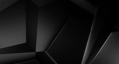 Lüks minimalist tasarım. Fütürist şablon. Karanlık elementleri olan birinci sınıf soyut duvar kâğıdı. Zarif bir zemin. Siyah üç boyutlu geometrik arkaplan. Poster, broşür, sunum için tasarım.