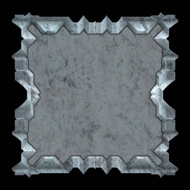 Gelecekçi tasarım şablonu. Metal paslı tabak menüsü. Teknoloji afişi beyaz arkaplanda izole edildi. Bilim kurgu elemanı grafiği. Metalik paslanmış 3 boyutlu illüstrasyon.  