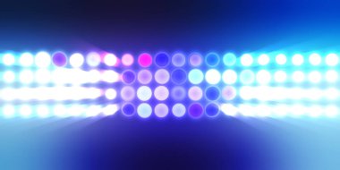 Parlak desenli duvar kağıdı. Sahne ışıkları olan renkli ışıkların ihtişamlı arkaplanı. Parlayan ışıklar siyah arka planda parti izleri. Sahne veya stadyum ışıklarının dijital illüstrasyonu. 