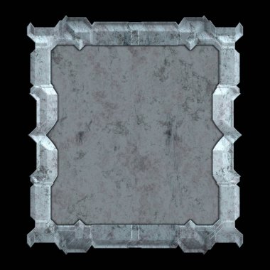 Gelecekçi tasarım şablonu. Metal paslı tabak menüsü. Teknoloji afişi beyaz arkaplanda izole edildi. Bilim kurgu elemanı grafiği. Metalik paslanmış 3 boyutlu illüstrasyon.  