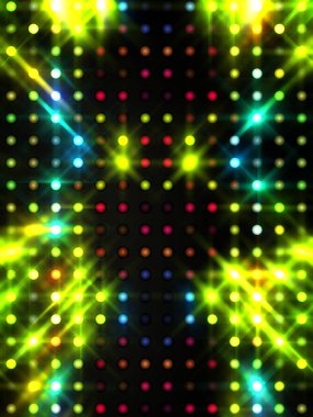 Parlayan ışıklar siyah arka planda parti izleri. Sahne veya stadyum ışıklarının dijital illüstrasyonu. Parlak desenli duvar kağıdı. Sahne ışıkları ile renkli ışıkların ihtişamlı arkaplanı.