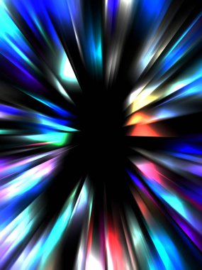 Siyah arkaplanda izole edilmiş dinamik ışık ışınları. Parlayan renkli ışık parçacıklarının grafiksel 2d çizimi.