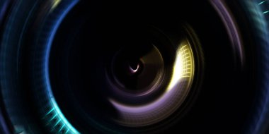 Fotoğraf makinesi konsepti. Soyut arkaplan. Dönen ışık ışınları. Hareketli kavramsal duvar kağıdı. Grafik dijital illüstrasyon. Parlayan neon ışıkları. Parlak sunum tasarım şablonu.